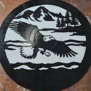 Handpainted Vinyl Record Painting ~ Soaring Eagle Black White - Framed
